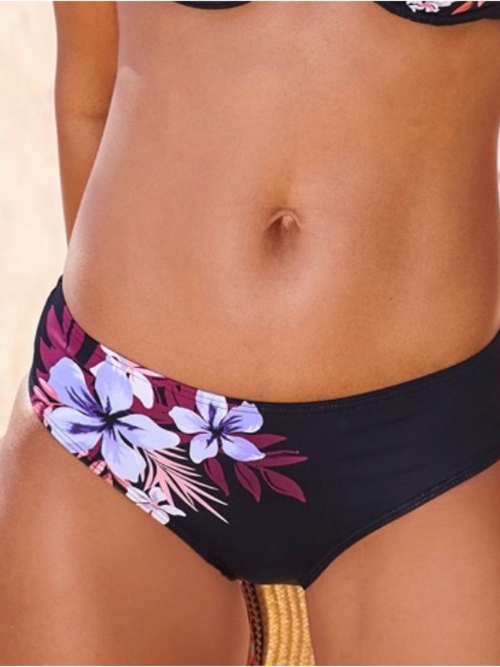 NWOT SZ 14 Lascana -Black Floral Bikini Bottoms with Purple Accents